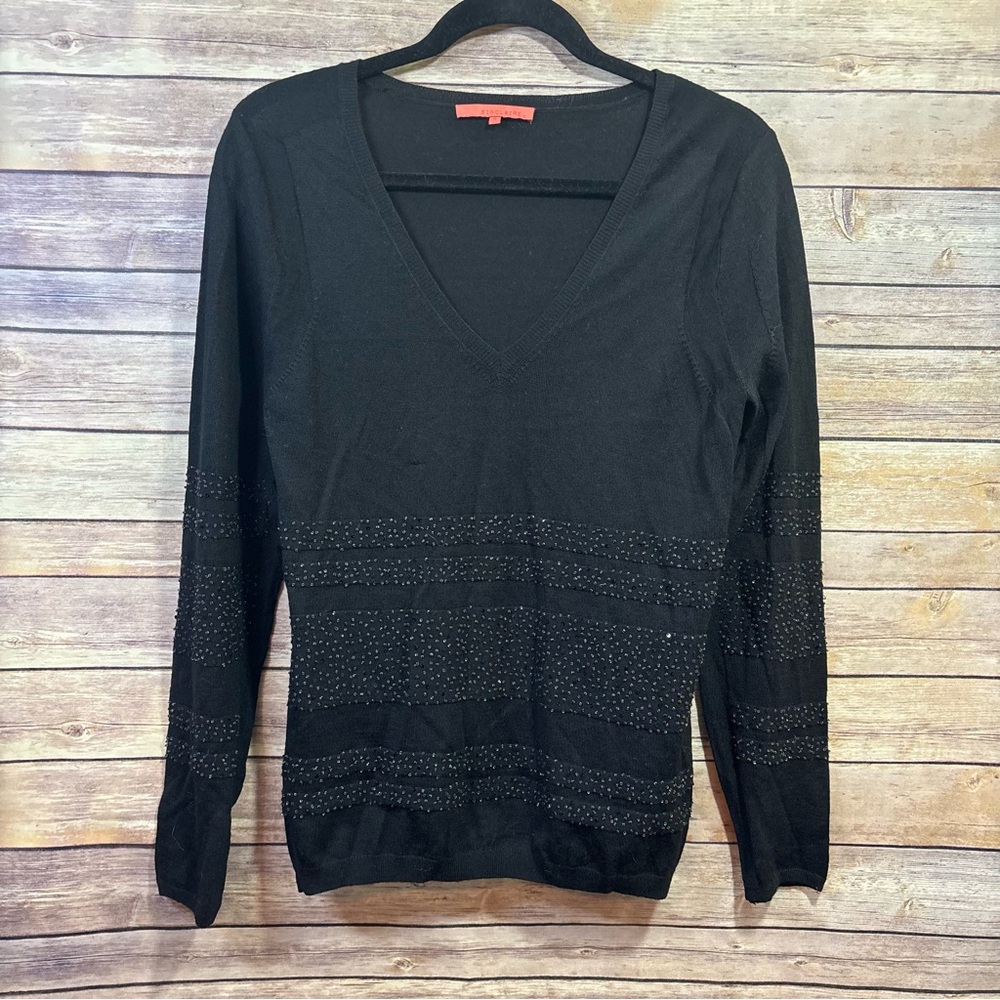 Sinclaire Womens Long Sleeves Beaded V Neck Sweater Black Wool Size Small